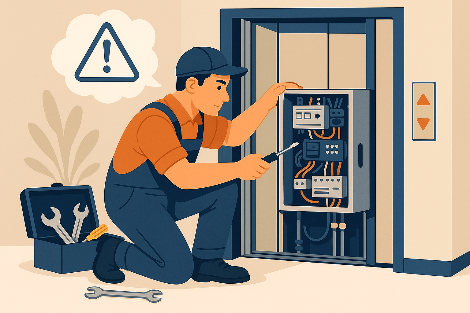 technicien qui répare un ascenseur